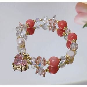 Pink Swarovski Beaded Bracelet Heart Charm